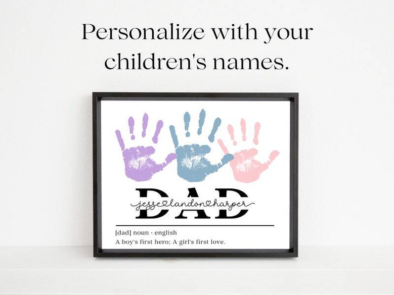 Dad handprint canvas, black-and-white minimalist style with children's names, portrait wall art for home office decor