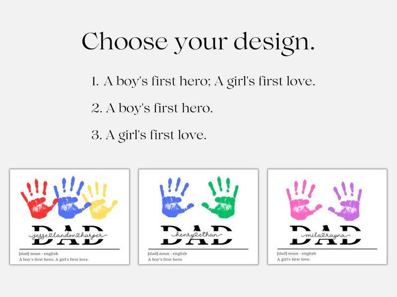 Dad handprint canvas with two child handprints and teal accents, personalized with kids' names; birthday gift from children