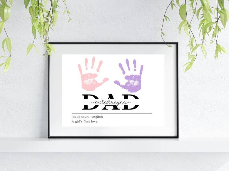Dad handprint canvas in soft watercolor, portrait layout, personalized with kids' names; thoughtful birthday gift for dad