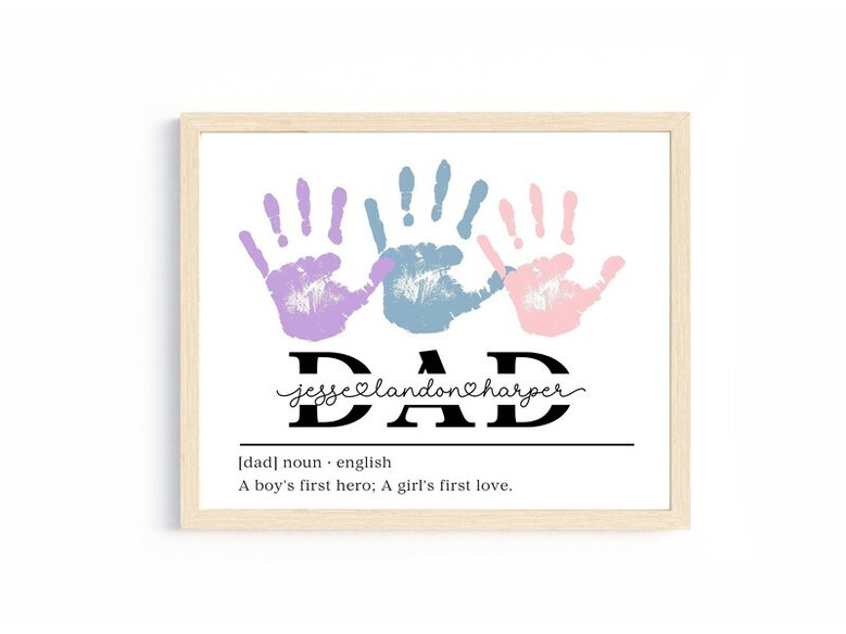 Dad handprint canvas personalized with children's names, layered parent-child handprints in navy; Father's Day gift