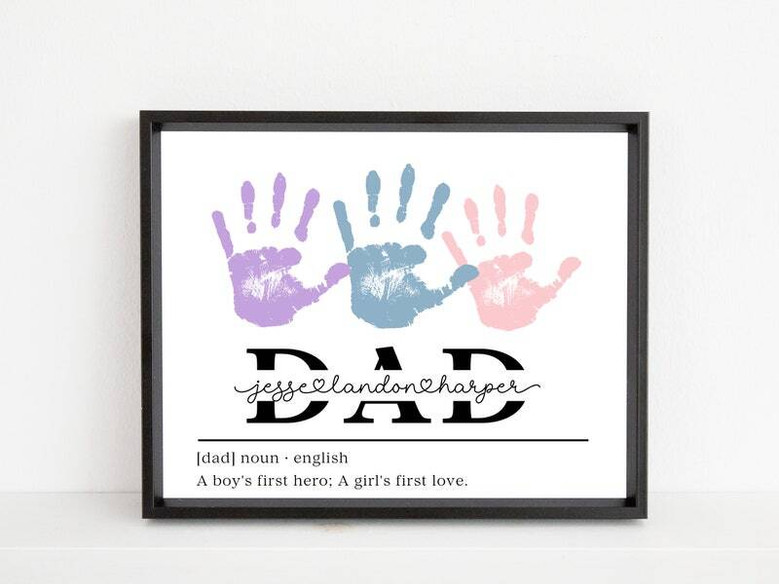 Dad handprint canvas in pastel rainbow tones, personalized with children's names; sweet new dad gift, nursery decor