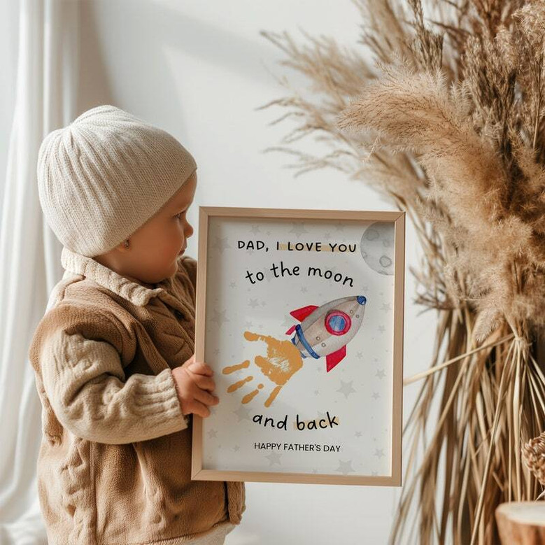 Father's Day dad handprint canvas, minimalist black and white, framed; personalized with kids' names and date