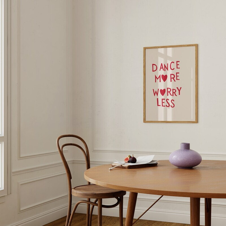 Dance More, Worry Less canvas print, blush background with white lettering, landscape layout, decor for a young dancer's room