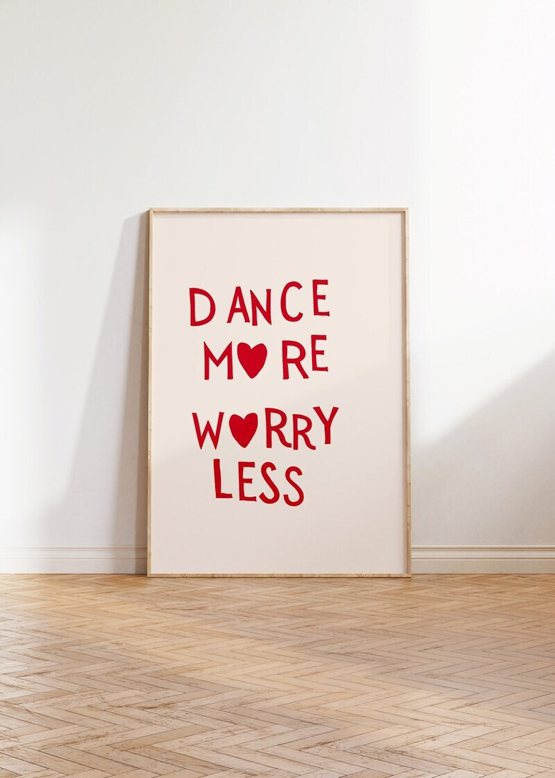 Dance More, Worry Less canvas wall art in minimalist black text on blush pink, portrait orientation for girls bedroom decor