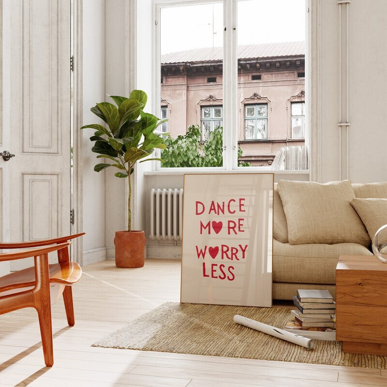 Dance More, Worry Less minimalist quote canvas print, landscape, soft lavender background for girls' room or dance nook