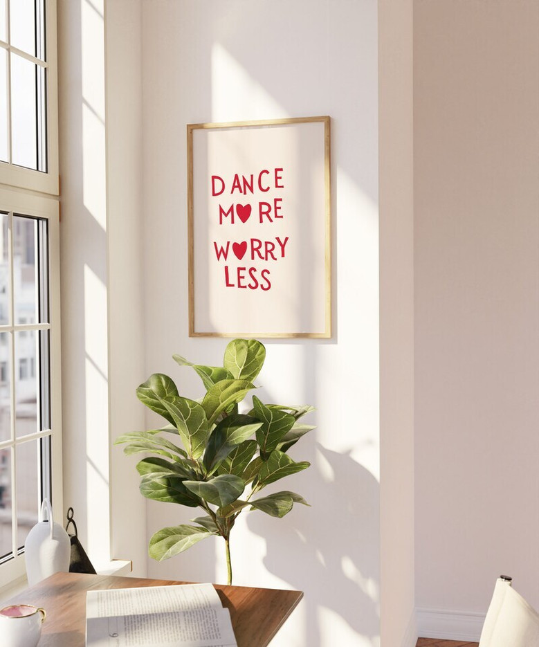 Dance More, Worry Less minimalist canvas wall art, soft teal, script accent, perfect birthday gift for a teen dancer
