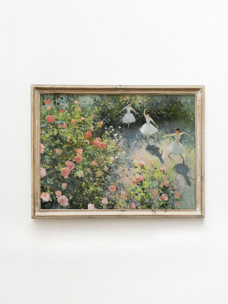 Ballet canvas painting of vintage ballet slippers, sepia tones with spring florals, landscape art for dance studio