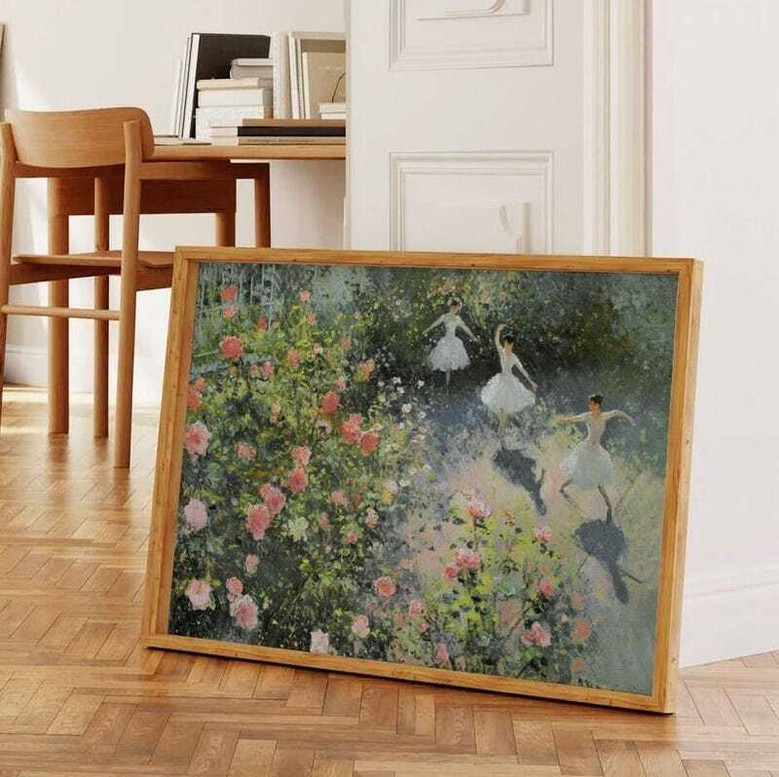 Ballet canvas painting of ballerina silhouette pirouette, muted sage and blush palette, coquette bows, gift for dance lovers