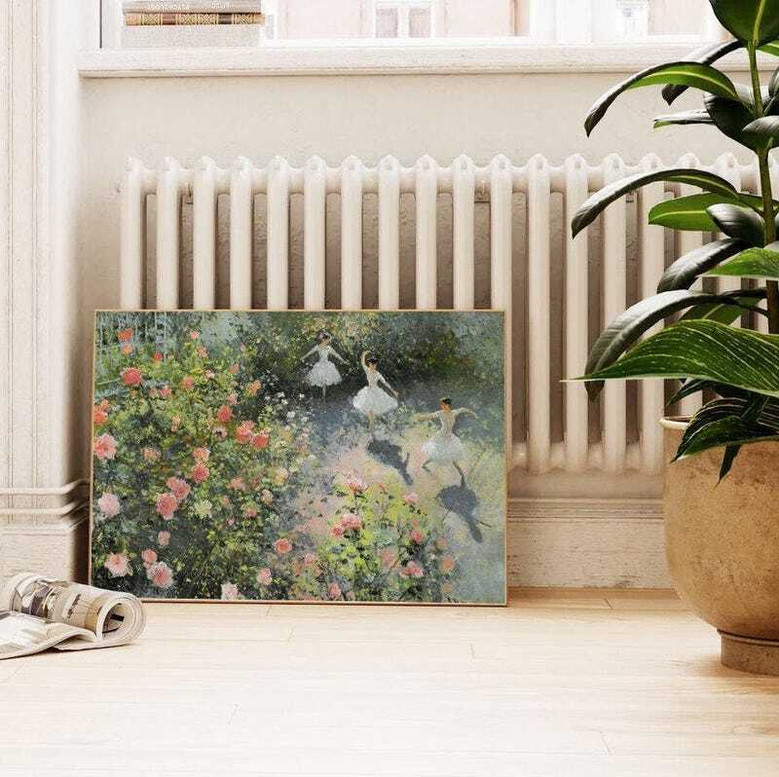 Ballet canvas painting with spring peonies in ballet ribbons, soft rose and ivory hues, square format, gift for ballerina