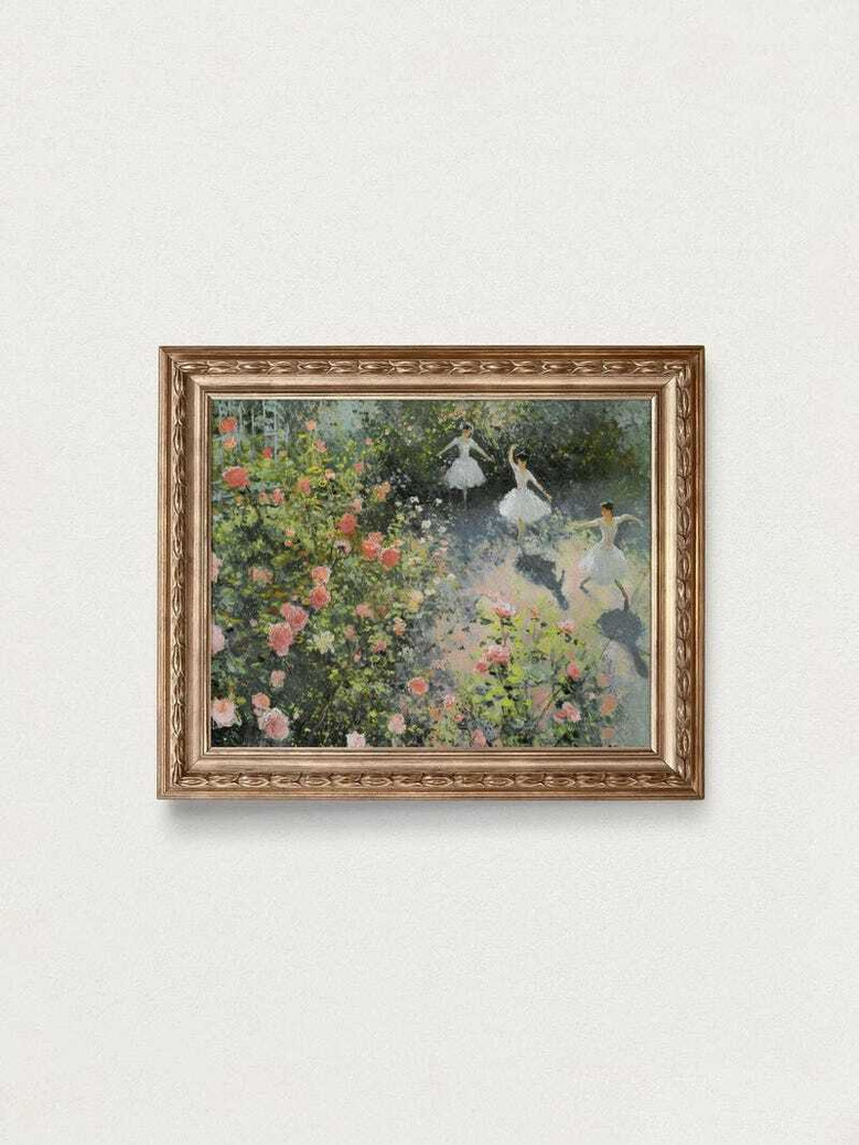 Ballet canvas painting of ballerina in pastel blue tutu by stage curtains, vintage poster style, landscape for living room