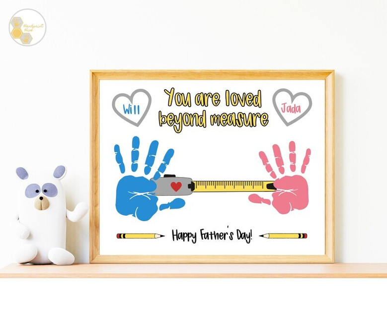 Father's Day dad handprint art canvas, soft pastel heart and tiny handprints, adorable nursery wall decor for toddler bedroom