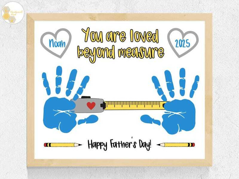 Father's Day dad handprint art canvas with heart motif and child handprints, keepsake gift for nursery or toddler room decor