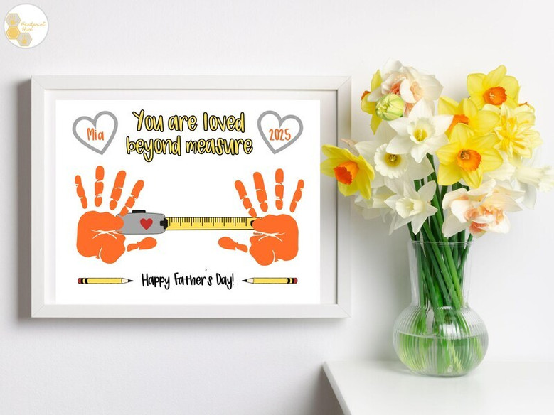 Father's Day handprint art canvas for Dad featuring heart motif and playful child handprints, nursery decor in neutral tones