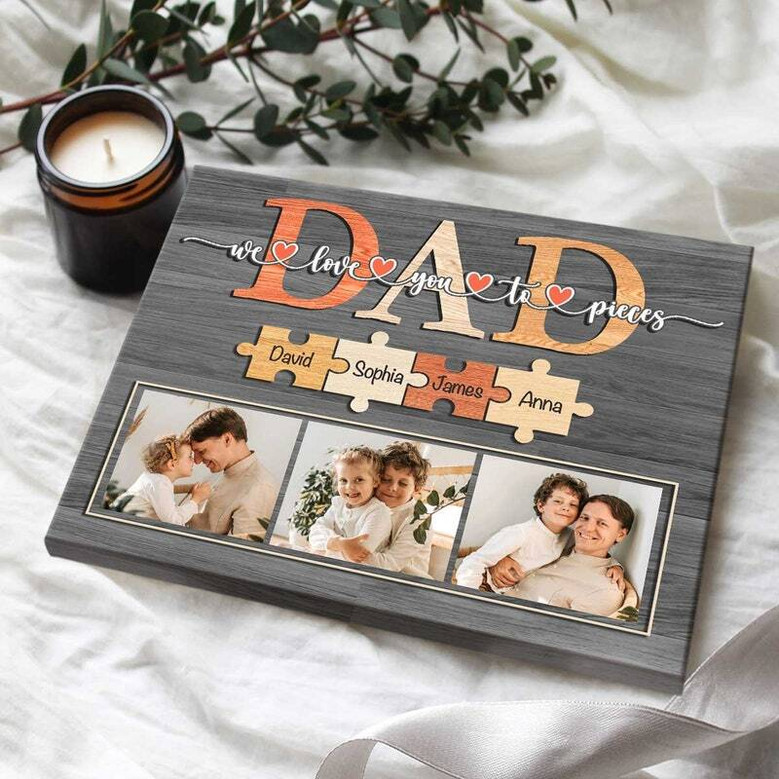 Dad puzzle canvas custom with children's names in puzzle pieces; sentimental Christmas or birthday present for father