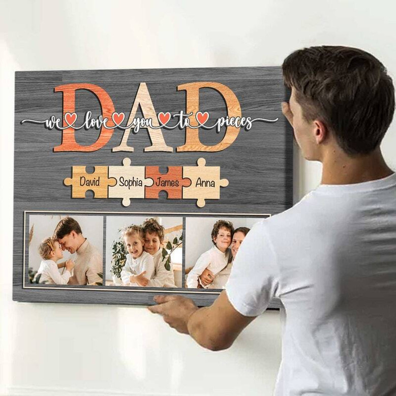Dad puzzle canvas wall art, personalized with kids' names on puzzle pieces; special holiday or birthday gift from children