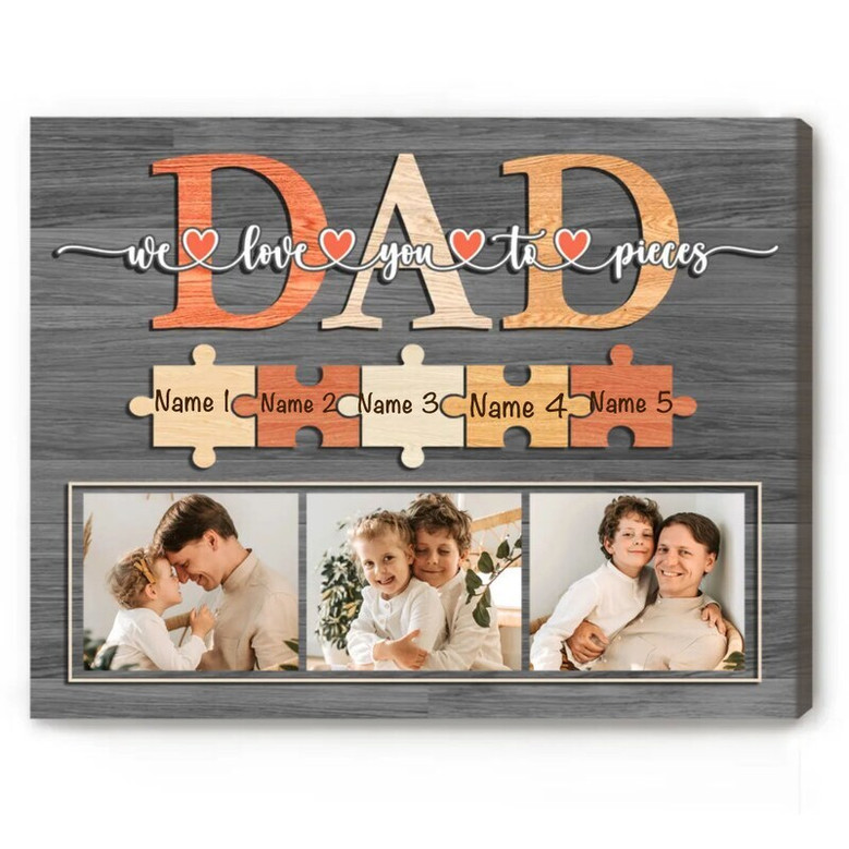 Dad puzzle canvas with puzzle-piece design, personalized with kids' names; Christmas or birthday gift and wall decor