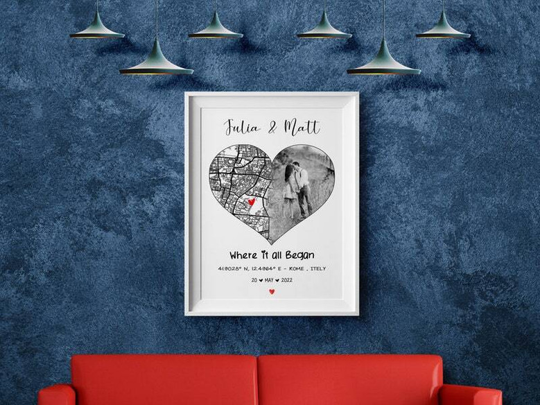 Personalized where we met map canvas in minimalist style, custom city, names, and date; heartfelt couples gift for newlyweds