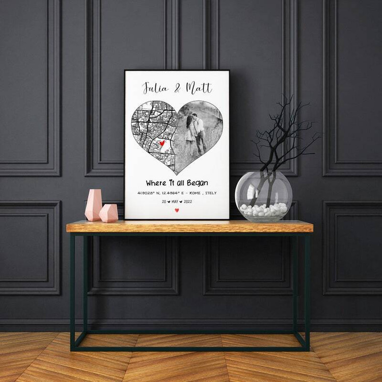 Personalized where we met map canvas with location coordinates, names, and date; thoughtful wedding or anniversary gift