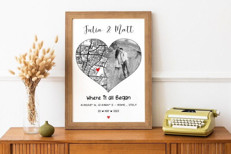 Personalized where we met map canvas with custom city, names, and date; lovely living room decor and anniversary gift