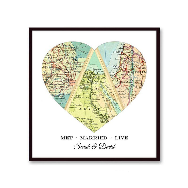 Map heart canvas, custom two-location design joining hometowns; sweet wedding keepsake for newlyweds, modern minimalist style Map heart canvas, custom two-location design joining hometowns; sweet wedding keepsake for newlyweds, modern minimalist style