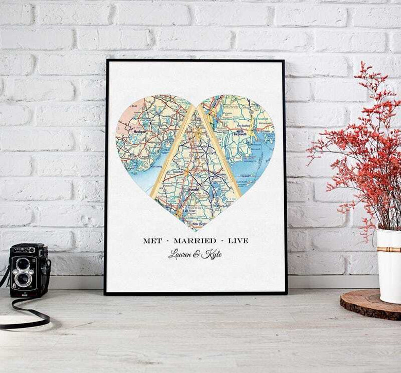 Map heart canvas print with custom location, names, and date; unique engagement gift and romantic bedroom wall decor Map heart canvas print with custom location, names, and date; unique engagement gift and romantic bedroom wall decor