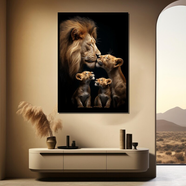 Lion family canvas wall art showcasing tender lions and cubs, elegant wildlife piece suited to cozy, modern living room decor