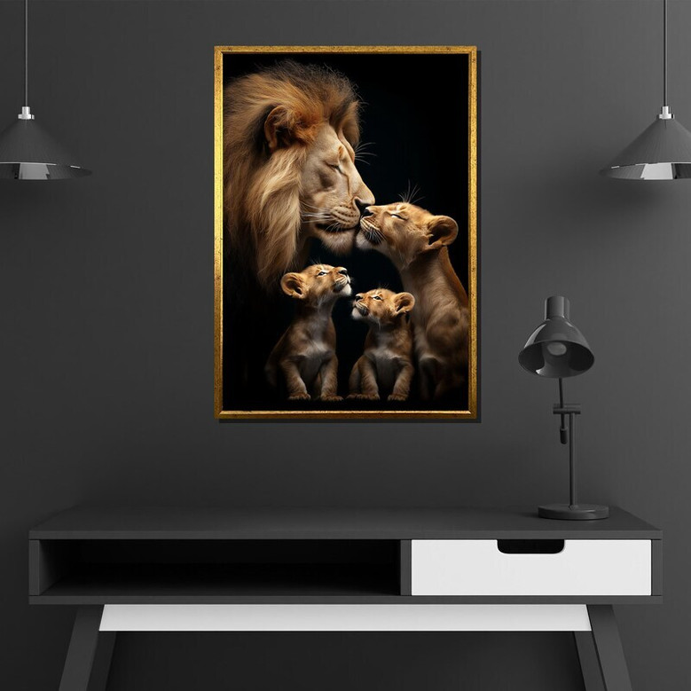 Lion family canvas wall art with elegant wildlife detail in warm earth tones, perfect for living room decor for animal lovers