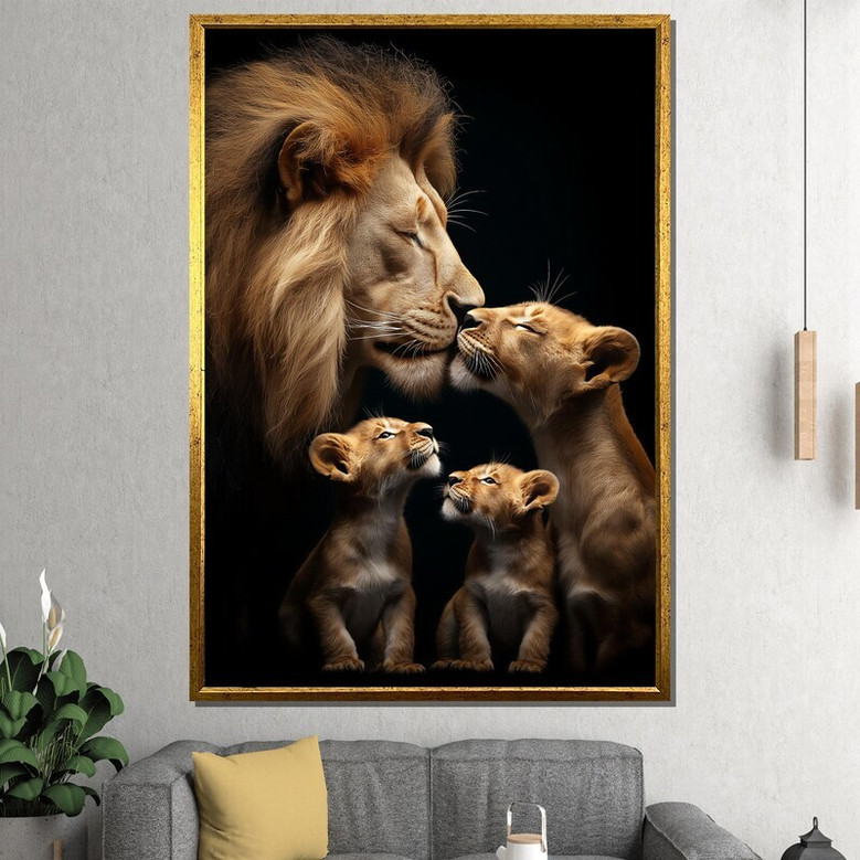 Lion family canvas wall art with wildlife portrait in warm neutral palette, focal point for living room home decor