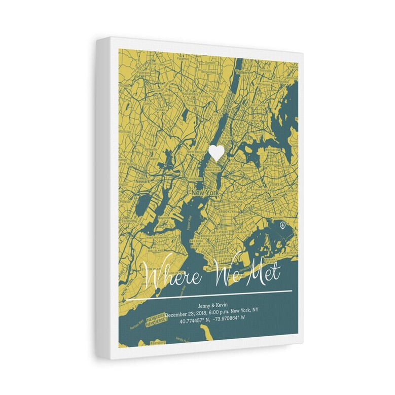 Where We Met map canvas wall art, personalized city map with names and date, minimalist neutral palette for bedroom decor