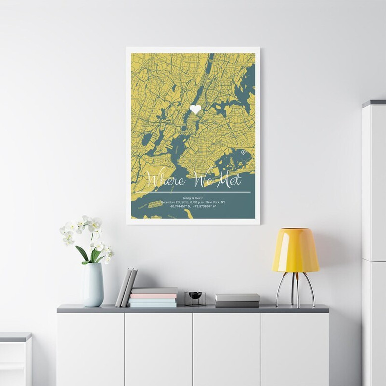 Where We Met map canvas personalized with couple's names, date, and coordinates, portrait layout—romantic anniversary gift