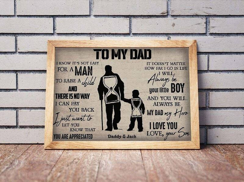 Dad hero canvas wall art with touching father and son design, personalized with names and date, meaningful Father's Day gift