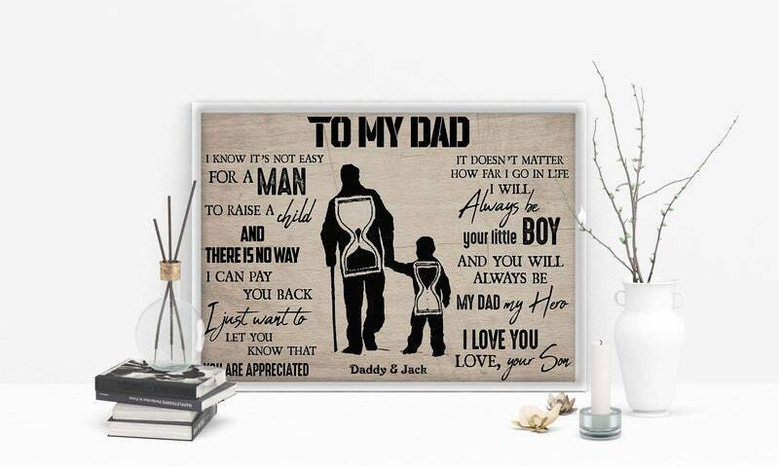 Dad hero personalized canvas wall art, touching father and son artwork with custom names and date, perfect Father's Day gift