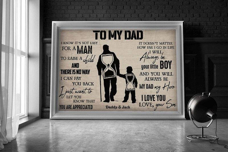 Father and son hero themed canvas wall art, personalized with names and special date, heartfelt Father's Day gift from son