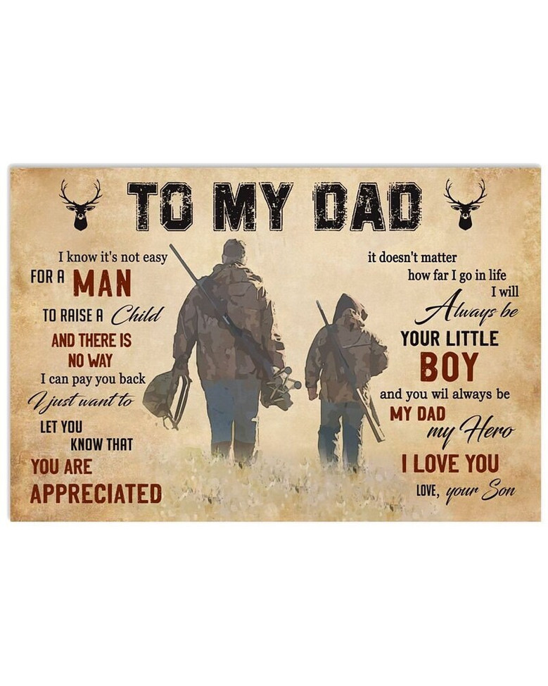 Touching Dad Hero canvas art, hunting theme with heartfelt text, Father's Day gift from son for living room, portrait