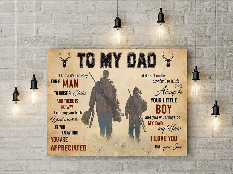 Touching Dad Hero canvas wall art, hunting theme Father's Day gift from son, camo green with antlers art for living room