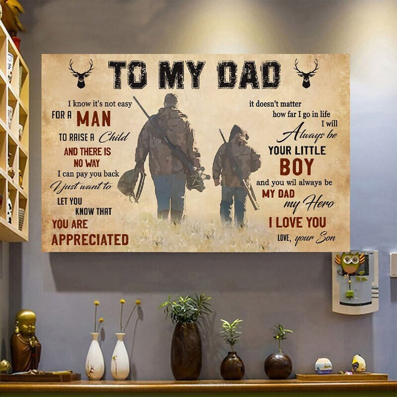 Touching Dad Hero canvas wall art, hunting theme for Father's Day gift from son, deer motif, living room decor, landscape