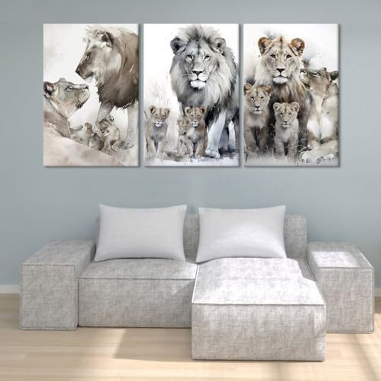Modern Lion Family Portrait Canvas Watercolor Art - Framed 3 Piece Wall Decor For Living Room Or Office
