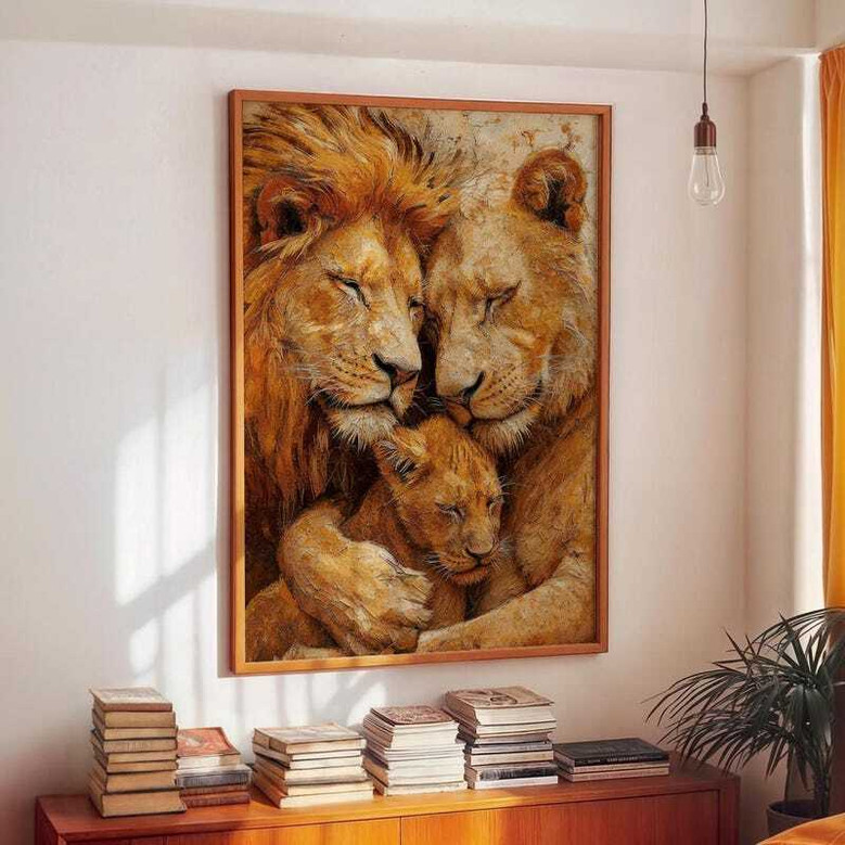 Lion family oil painting canvas wall art, gallery-wrapped, golden hues and soft shadows, living room wildlife focal point
