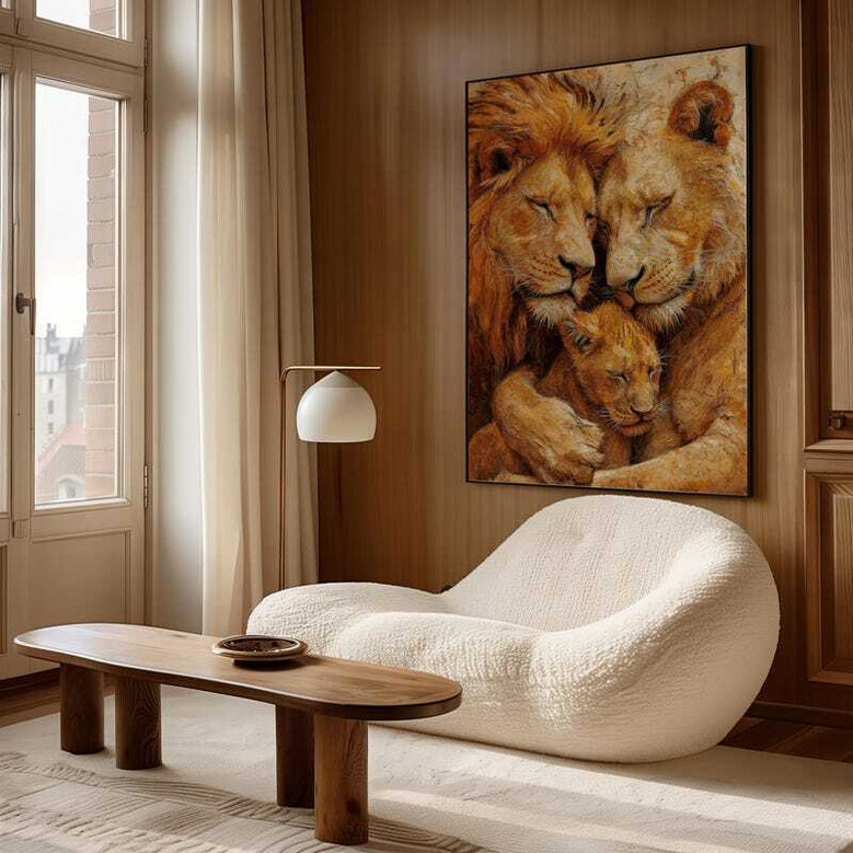 Lion family oil painting canvas, parents with cubs, moody contrast in square format, wildlife wall art for living rooms