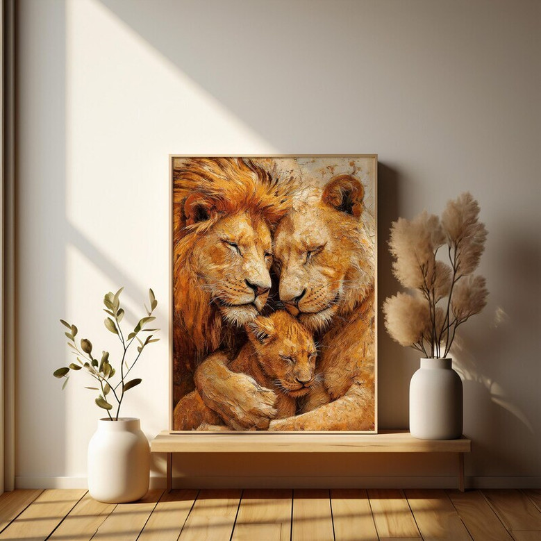 Lion family oil painting canvas, detailed brushstrokes and cubs, thoughtful gift for lion lovers and wildlife art enthusiasts