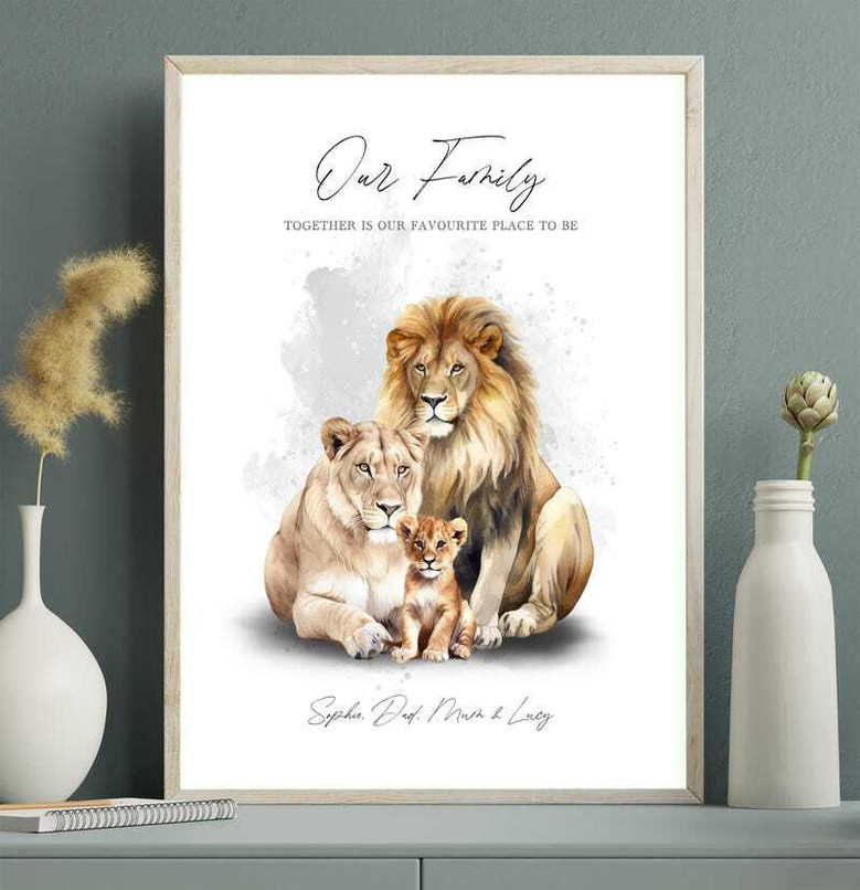 Lion family canvas art, custom in watercolor pastels, horizontal layout ideal nursery decor and a heartfelt gift for parents. Lion family canvas art, custom in watercolor pastels, horizontal layout ideal nursery decor and a heartfelt gift for parents.