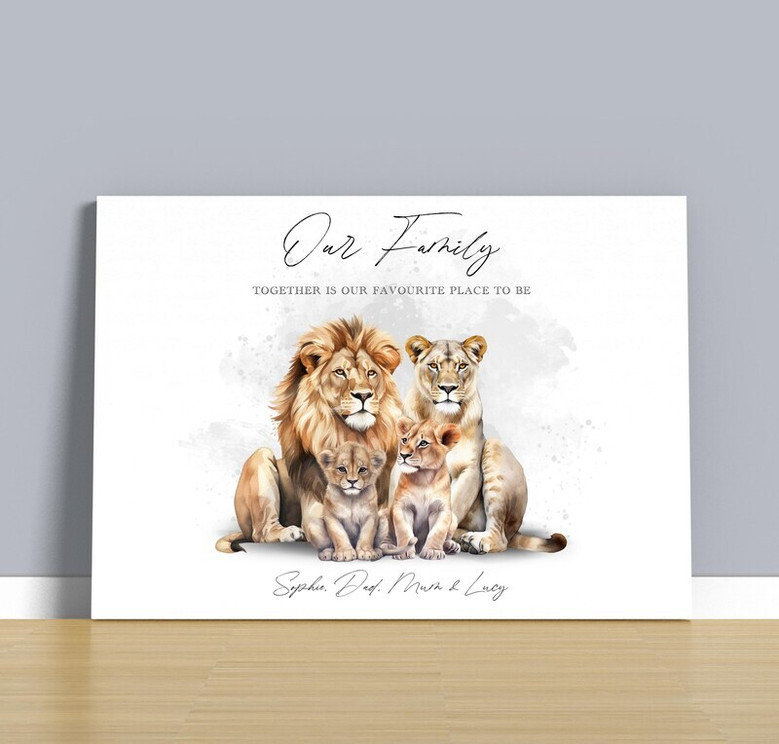 Lion family canvas art, personalized family name in black-and-white, vertical design for entryway decor or an anniversary gift. Lion family canvas art, personalized family name in black-and-white, vertical design for entryway decor or an anniversary gift.