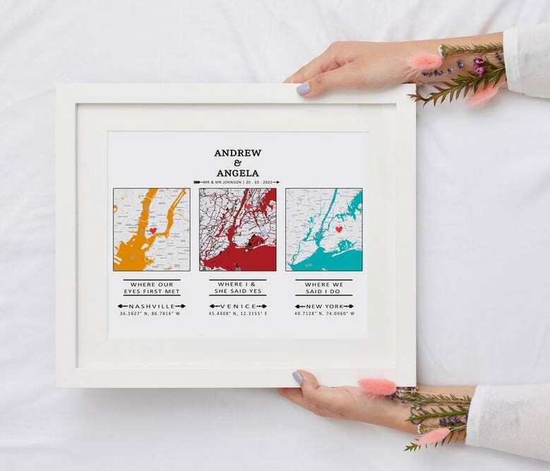 Personalized couple milestone map canvas highlighting first date, engagement, wedding; anniversary gift for couples