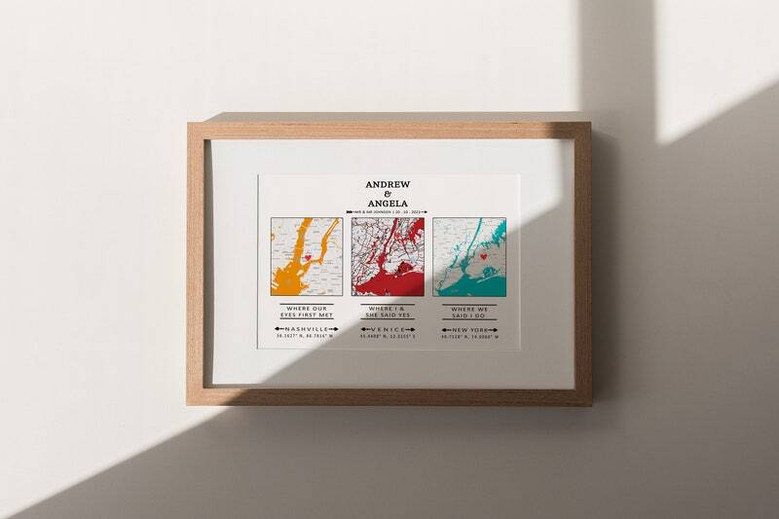 Personalized relationship timeline map canvas with three pins, names, and dates; minimalist black-and-white portrait design