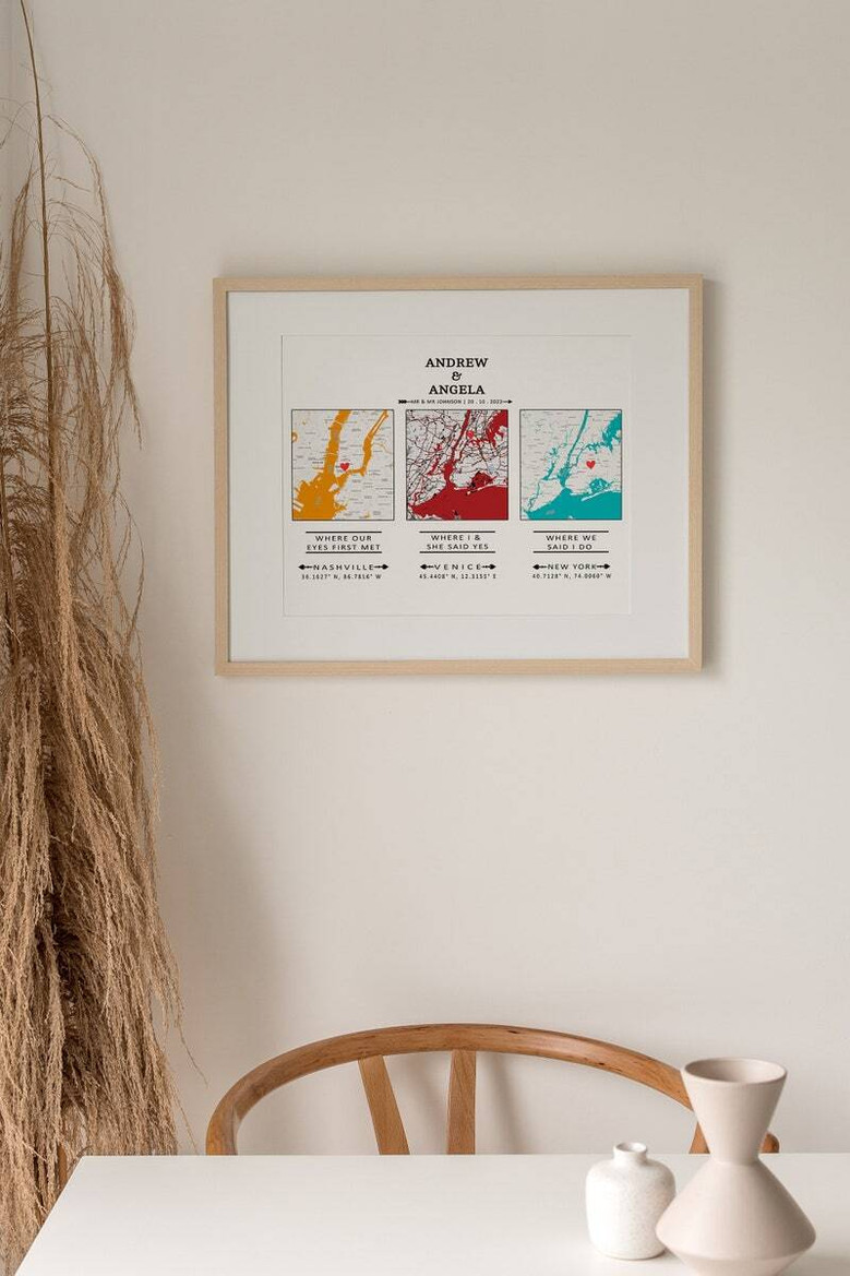 Personalized couple milestone map canvas with heart icons at key places, names and dates; warm neutral palette in landscape