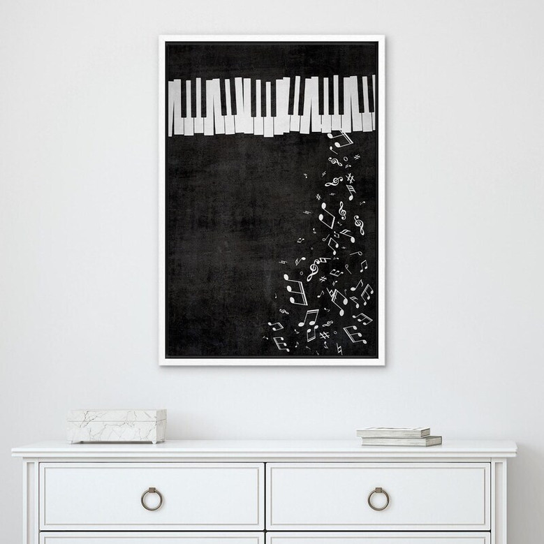 Black and white piano poster, minimalist musical wall decor for studio or practice room, sleek wall art for musicians