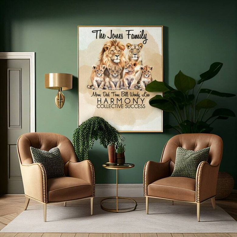 Watercolor lion family canvas art with brushstrokes on beige, personalized names, living room decor, Mother’s Day gift Watercolor lion family canvas art with brushstrokes on beige, personalized names, living room decor, Mother’s Day gift