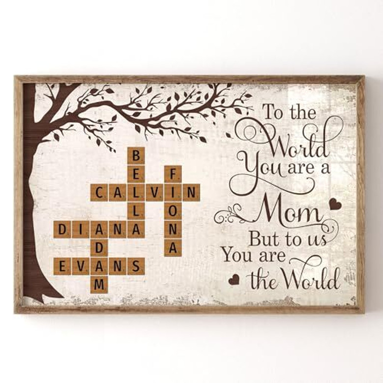 Mother's Day personalized canvas wall art with 'Mommy to the world you are one person' quote and family names, landscape