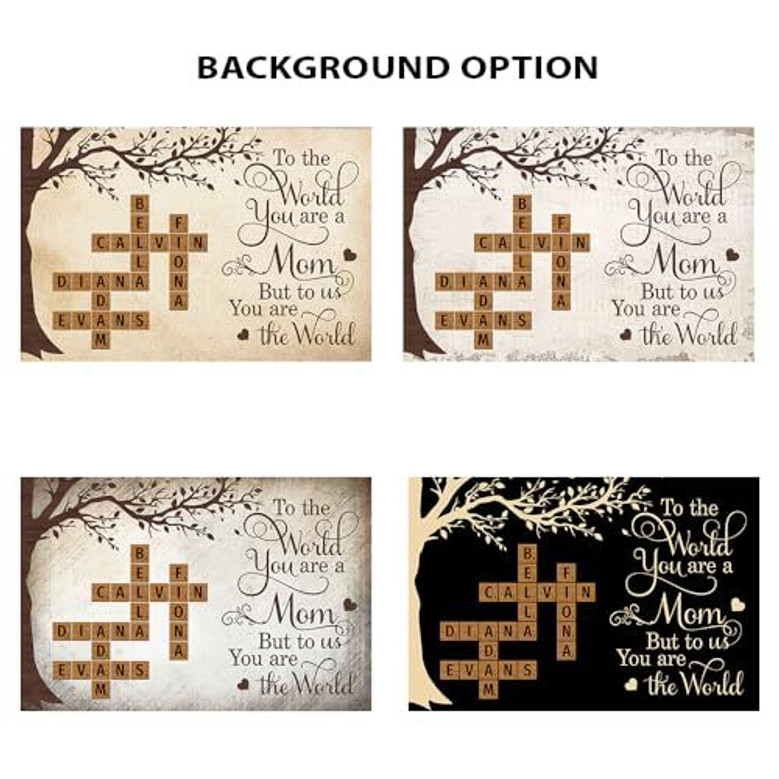 Mother's Day canvas wall art, chalkboard style, personalized names under 'Mommy to the world you are one person', living room