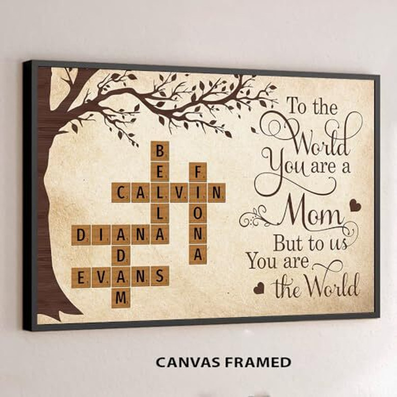 Mother's Day personalized canvas wall art, black on white, 'Mommy to the world you are one person' with family names